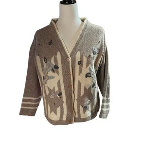 Yessica Vintage 72% Wool Button Up Long Sleeve Embroidered VNeck Cardigan 40-42